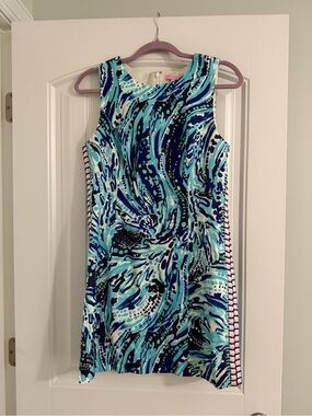 Lilly Pulitzer Blue, Aqua & Navy Swirl Sleeveless Shift Dress with Pink Accent